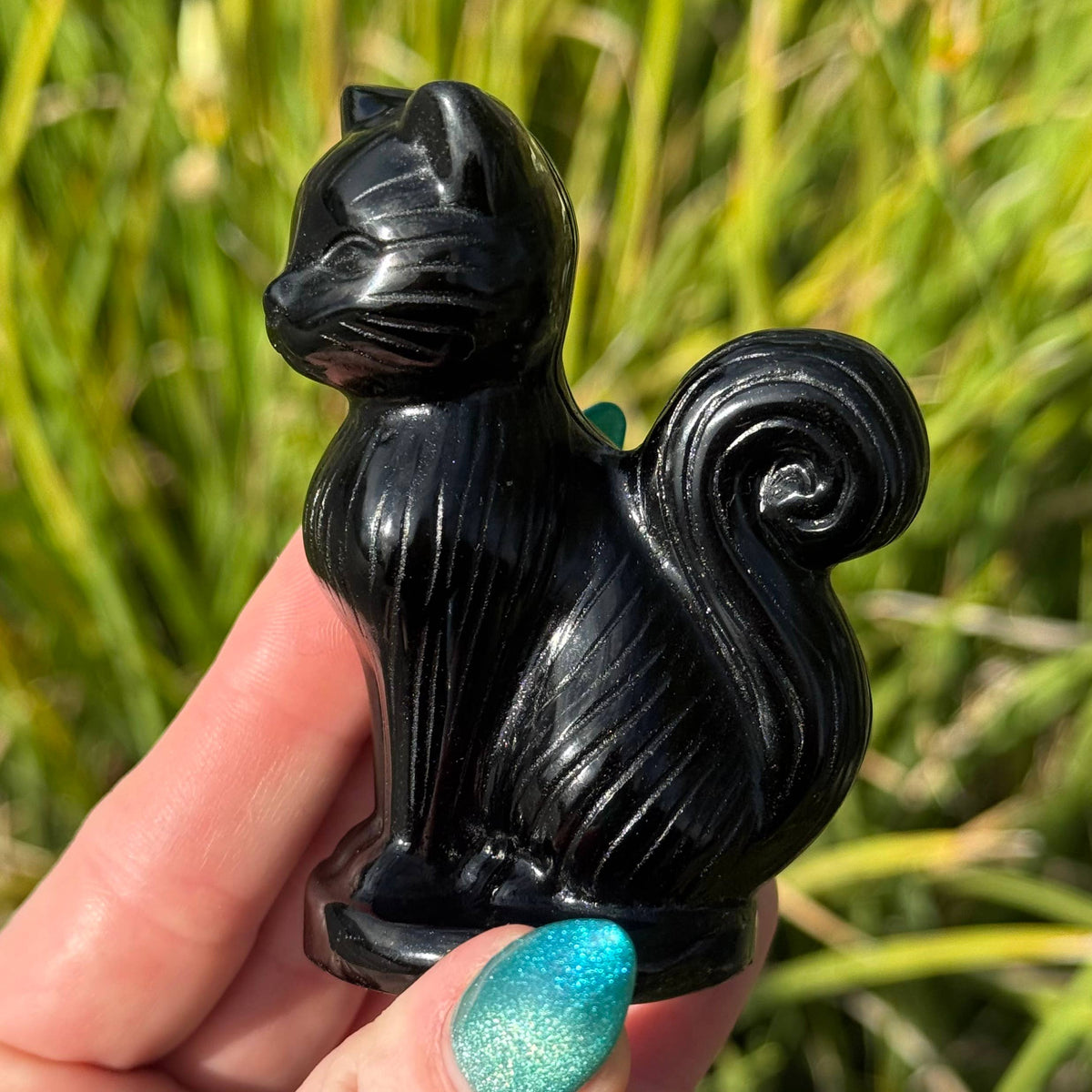 Large Obsidian Cat with Curly Tail