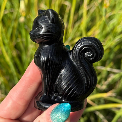 Large Obsidian Cat with Curly Tail