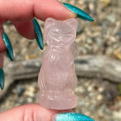 Small Rose Quartz Cat with Curly Tail