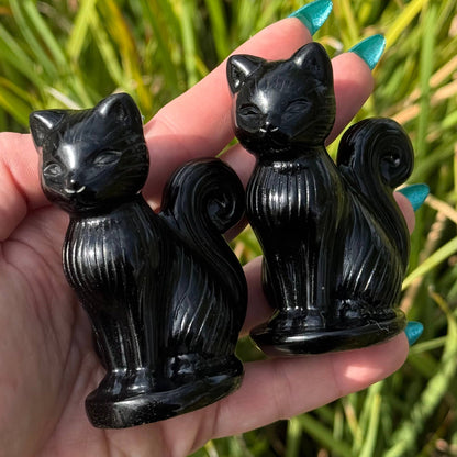 Large Obsidian Cat with Curly Tail