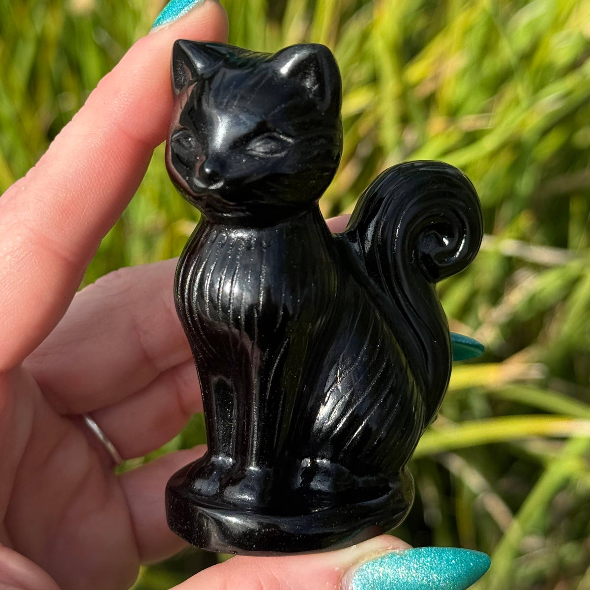 Large Obsidian Cat with Curly Tail