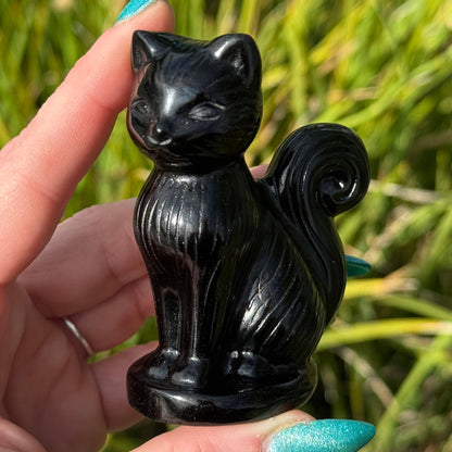Large Obsidian Cat with Curly Tail